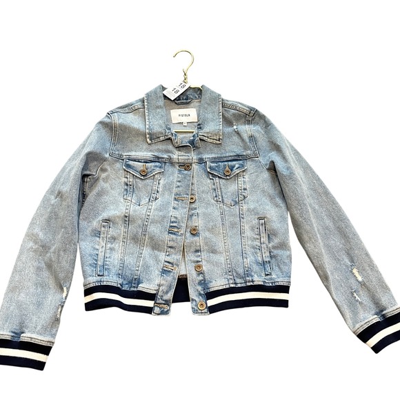 pistola Jackets & Blazers - Pistola Denim Trucker Jacket Distressed Light Wash Varsity Cuffs Size L